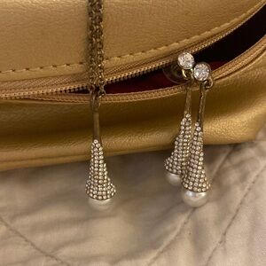 Bronzy rhinestone  Gold and Silver Drop Earrings and necklace teardrop Pearl set